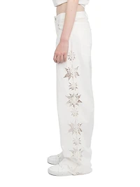 Elfy Cotton-Linen Embroidered Wide-Leg Pants