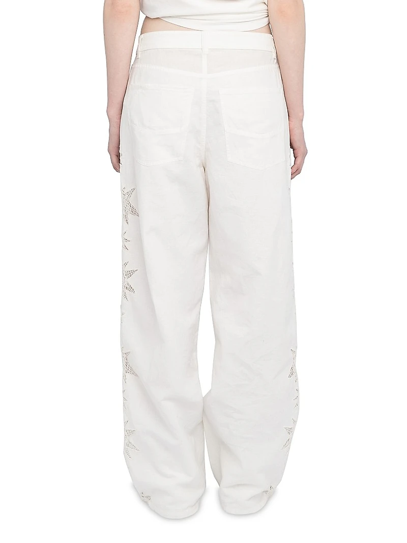 Elfy Cotton-Linen Embroidered Wide-Leg Pants