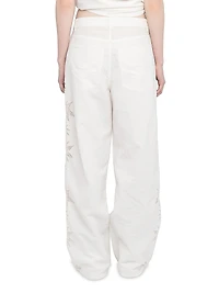 Elfy Cotton-Linen Embroidered Wide-Leg Pants