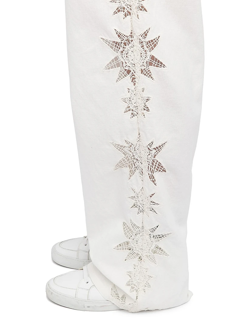 Elfy Cotton-Linen Embroidered Wide-Leg Pants