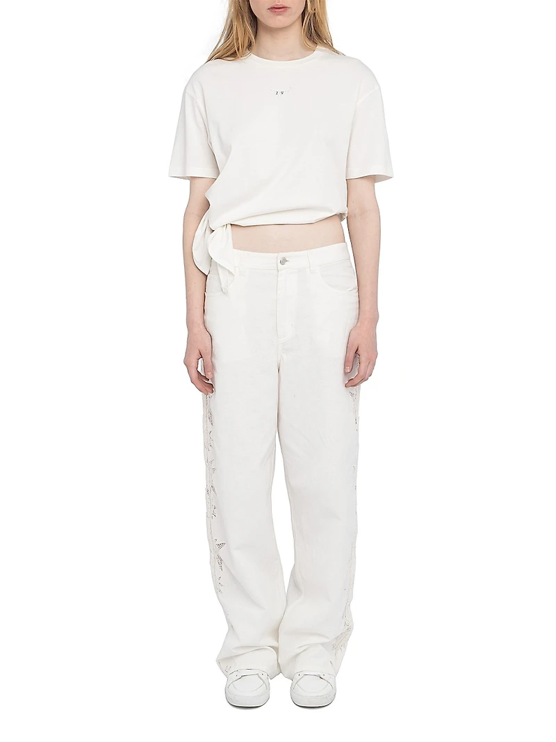 Elfy Cotton-Linen Embroidered Wide-Leg Pants