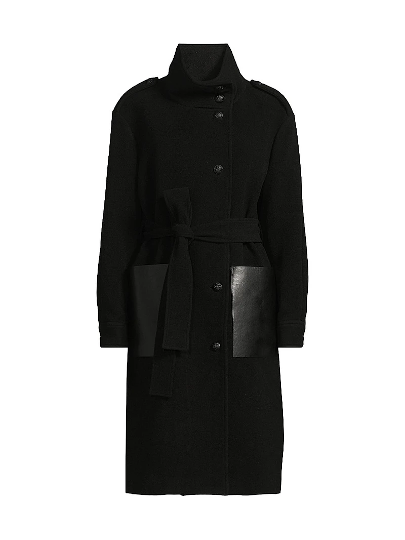 Monet Faux Leather-Pocket Wool Coat