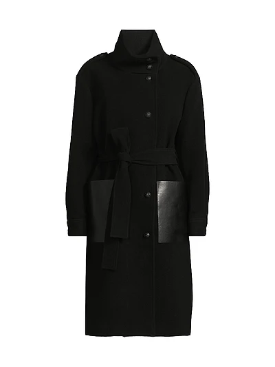 Monet Faux Leather-Pocket Wool Coat