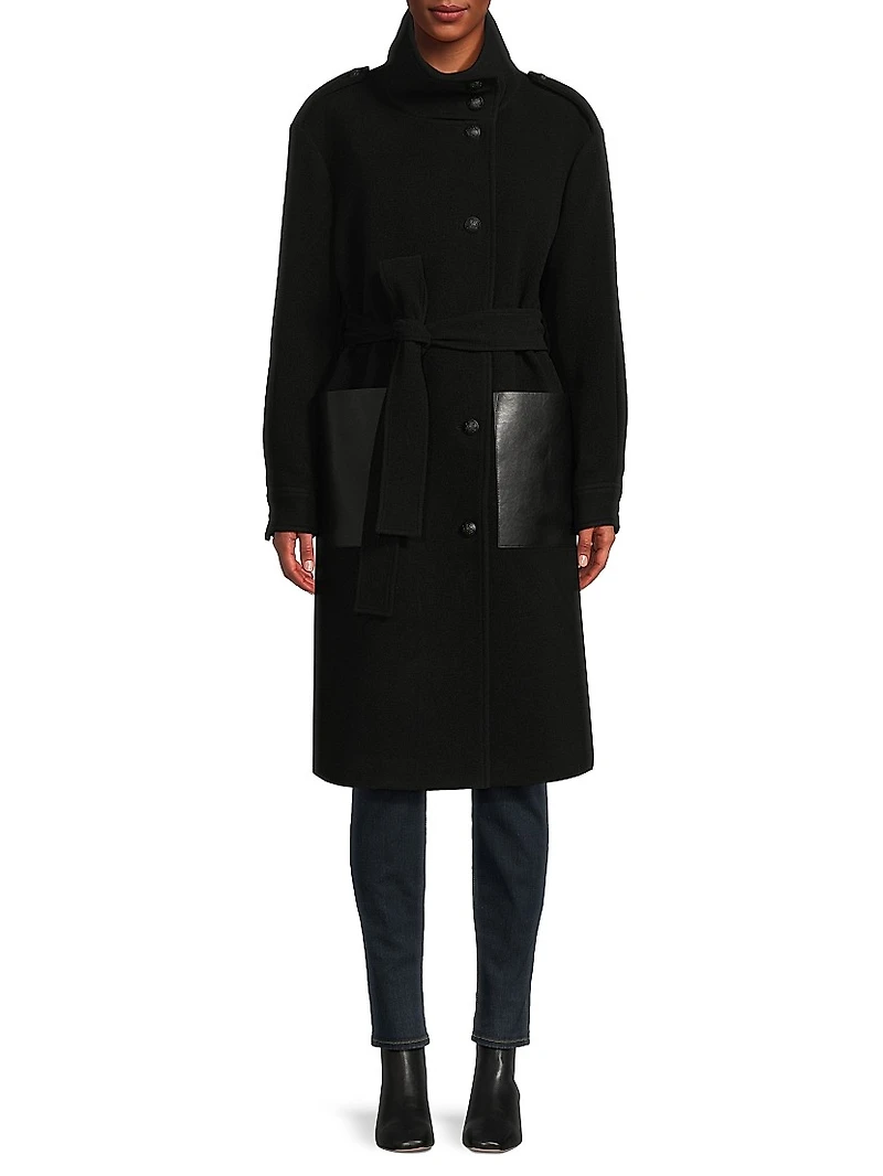Monet Faux Leather-Pocket Wool Coat
