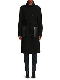 Monet Faux Leather-Pocket Wool Coat