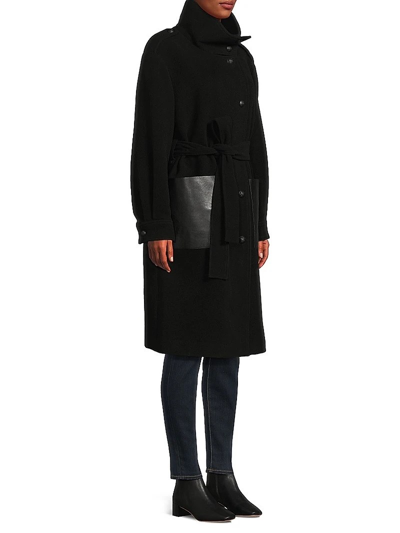 Monet Faux Leather-Pocket Wool Coat