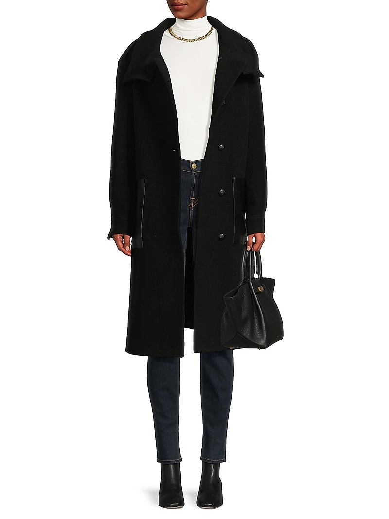 Monet Faux Leather-Pocket Wool Coat