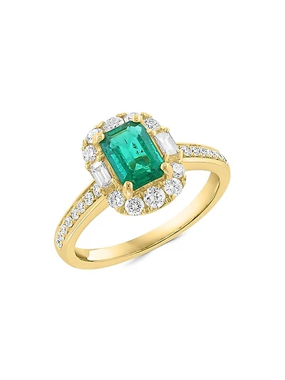 18K Yellow Gold, Emerald & 0.62 TCW Diamond Halo Ring