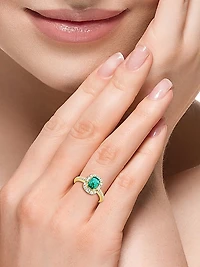 18K Yellow Gold, Emerald & 0.62 TCW Diamond Halo Ring