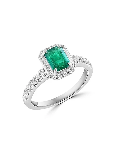18K White Gold, Emerald & 0.60 TCW Diamond Halo Ring