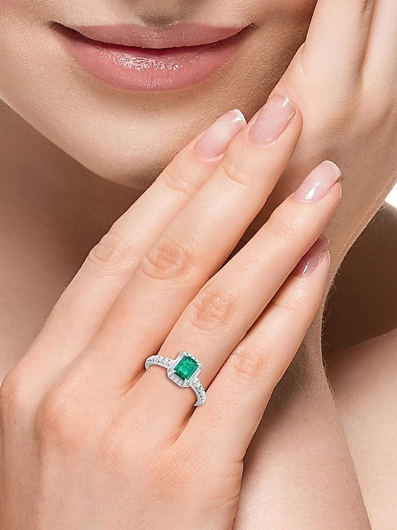 18K White Gold, Emerald & 0.60 TCW Diamond Halo Ring