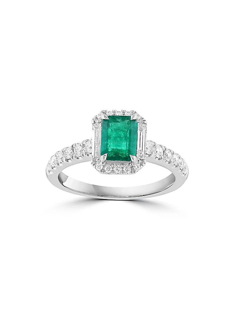 18K White Gold, Emerald & 0.60 TCW Diamond Halo Ring