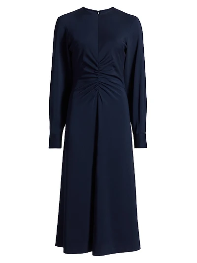 Ruched Long-Sleeve Midi-Dress
