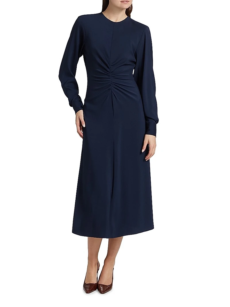 Ruched Long-Sleeve Midi-Dress