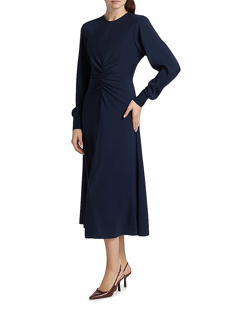 Ruched Long-Sleeve Midi-Dress