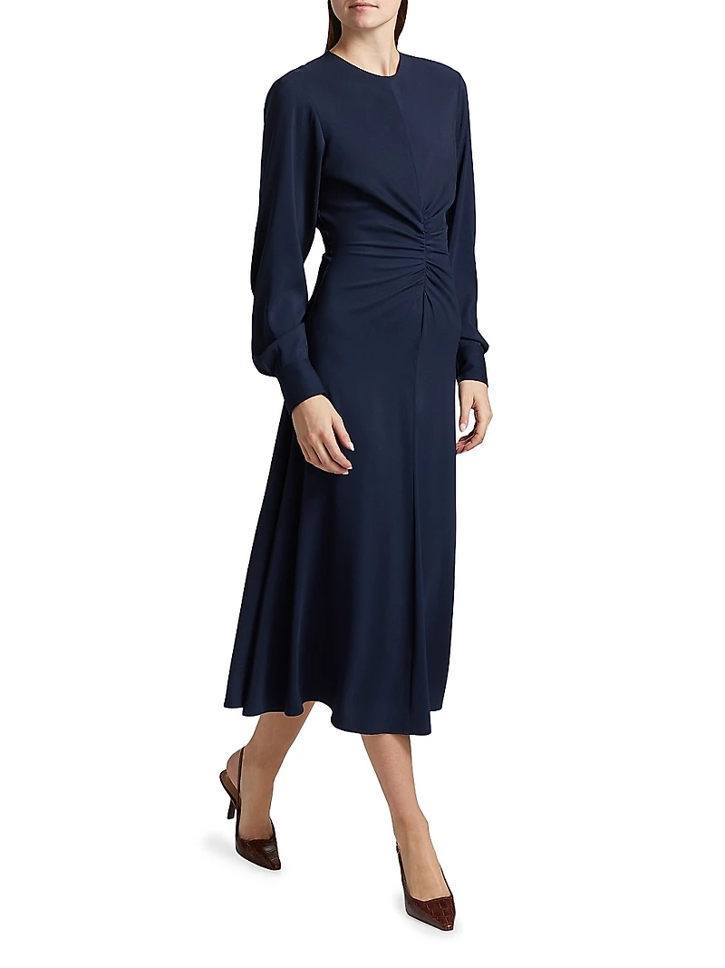 Ruched Long-Sleeve Midi-Dress