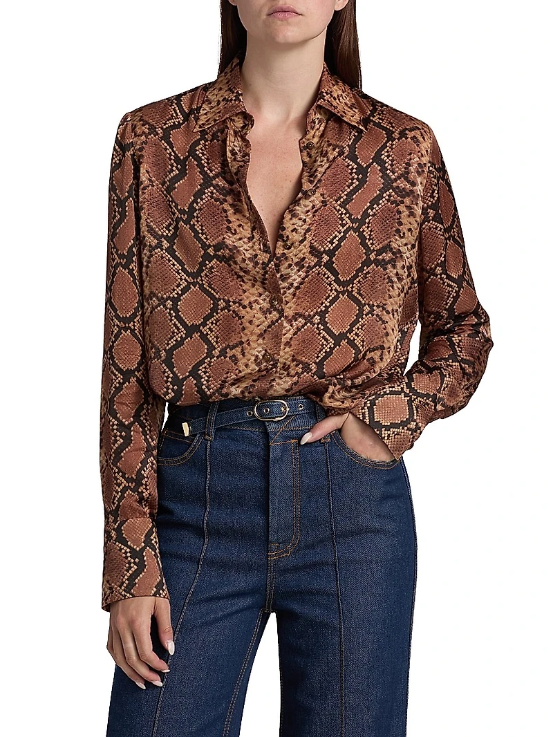 Hypnotic Snake Silk Button-Front Shirt