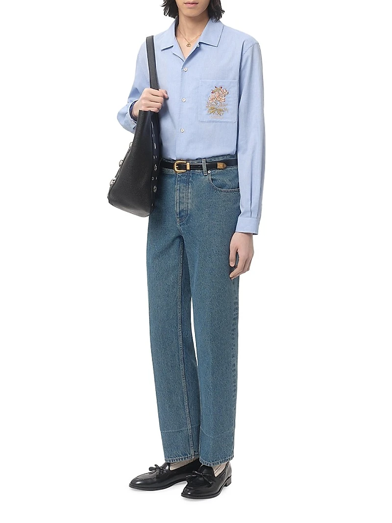 Oxford Cotton Shirt with Floral Embroidery