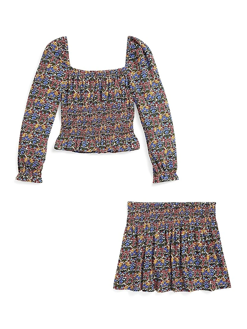 Little GIrl's & Floral Smocked Cotton Jersey Top Skirt Set