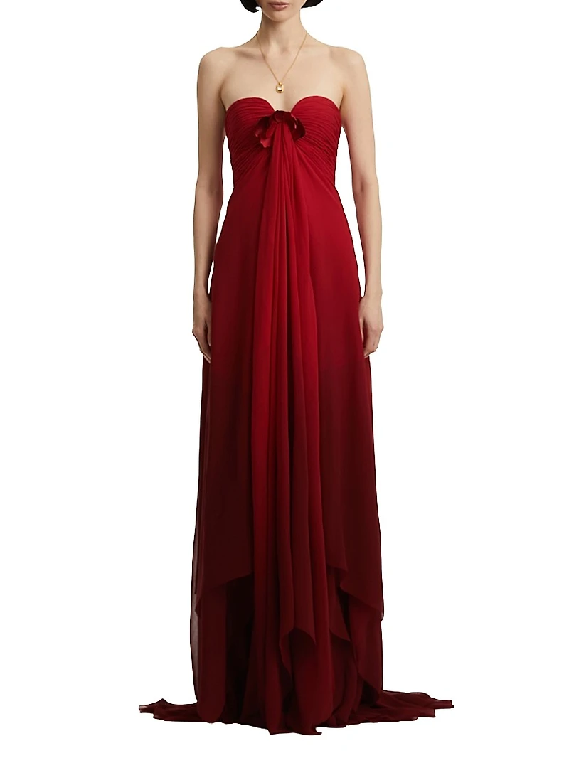 Rosette-Detailed Silk Chiffon Strapless Gown