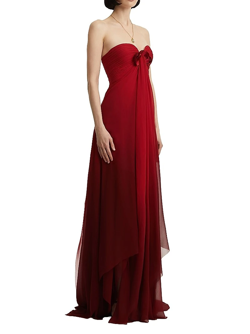 Rosette-Detailed Silk Chiffon Strapless Gown