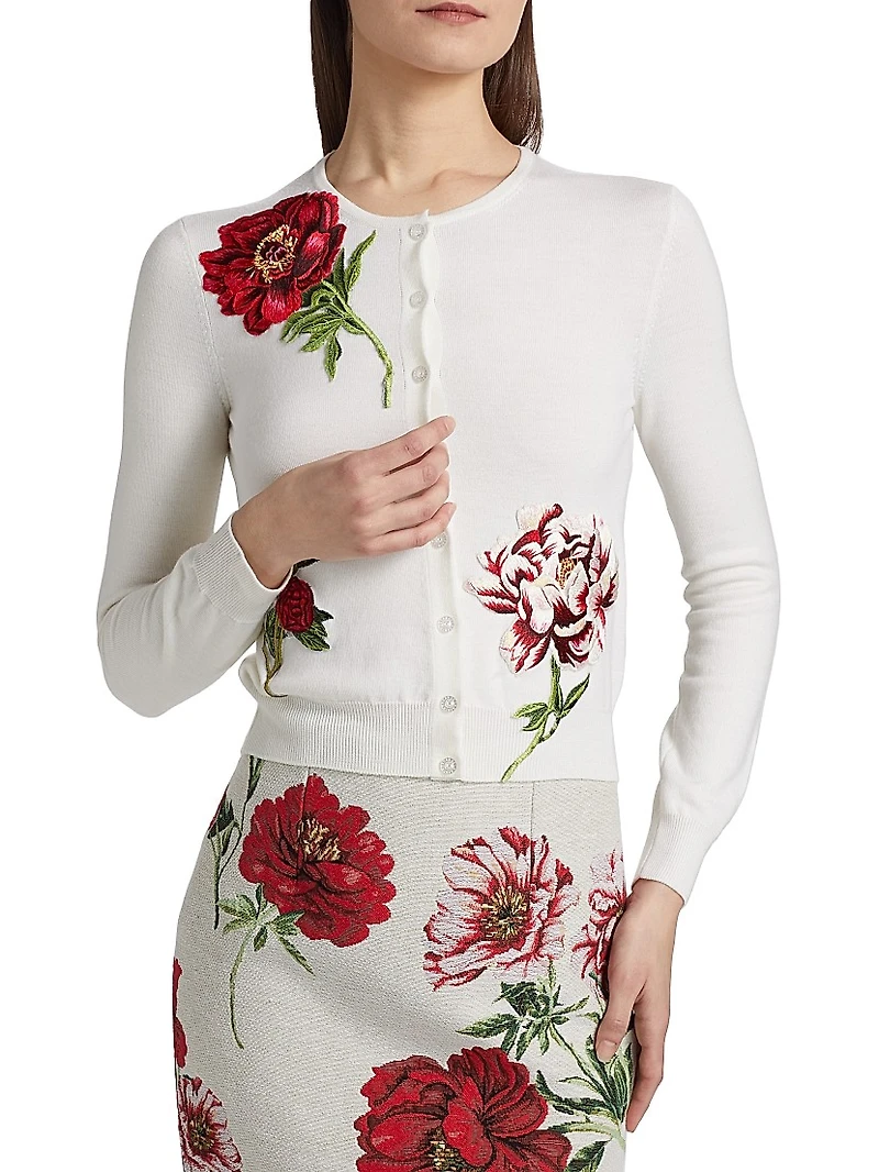 Peony Embroidered Wool Cardigan