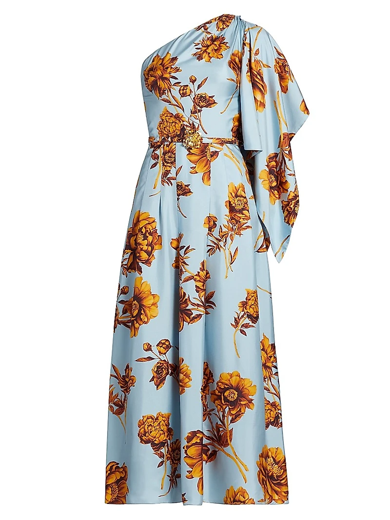 Peony Print Draped One-Shoulder Gown