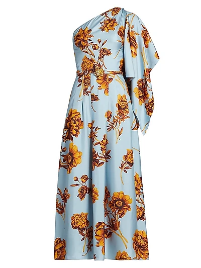 Peony Print Draped One-Shoulder Gown