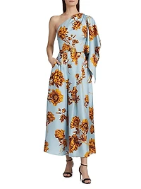 Peony Print Draped One-Shoulder Gown