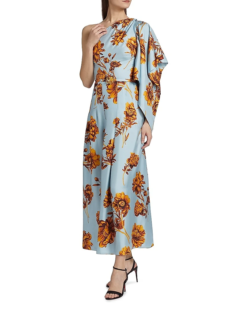 Peony Print Draped One-Shoulder Gown