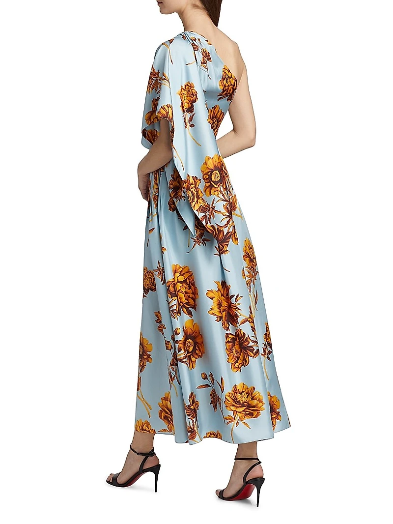 Peony Print Draped One-Shoulder Gown