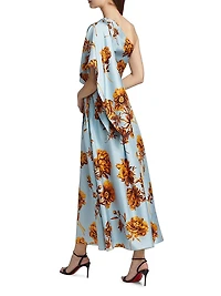 Peony Print Draped One-Shoulder Gown