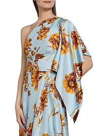 Peony Print Draped One-Shoulder Gown