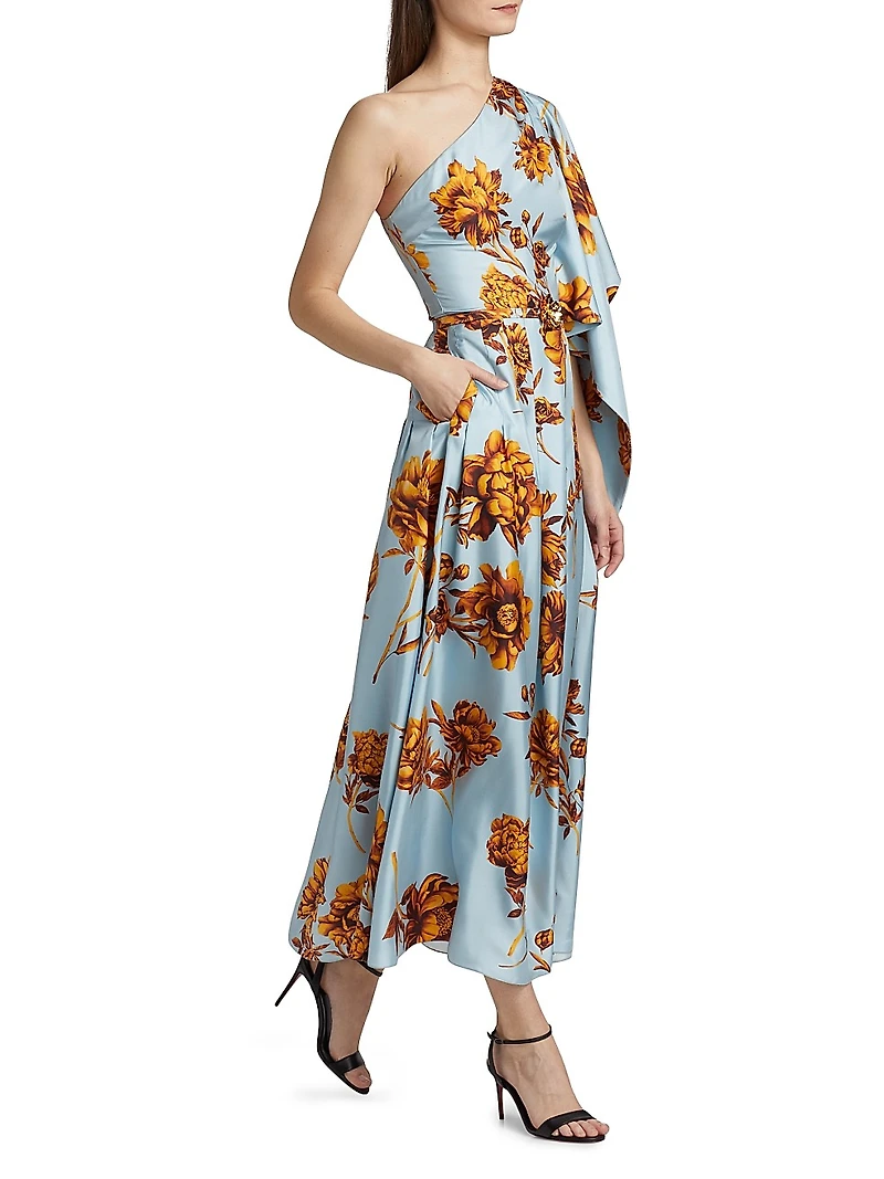 Peony Print Draped One-Shoulder Gown