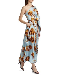 Peony Print Draped One-Shoulder Gown