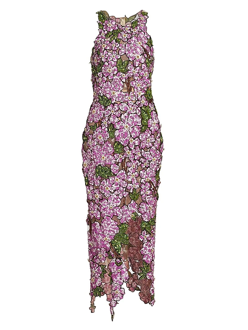 Floral Bead-Embroidered Tulle Cocktail Dress