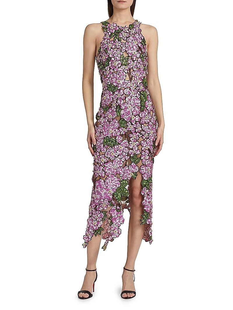 Floral Bead-Embroidered Tulle Cocktail Dress