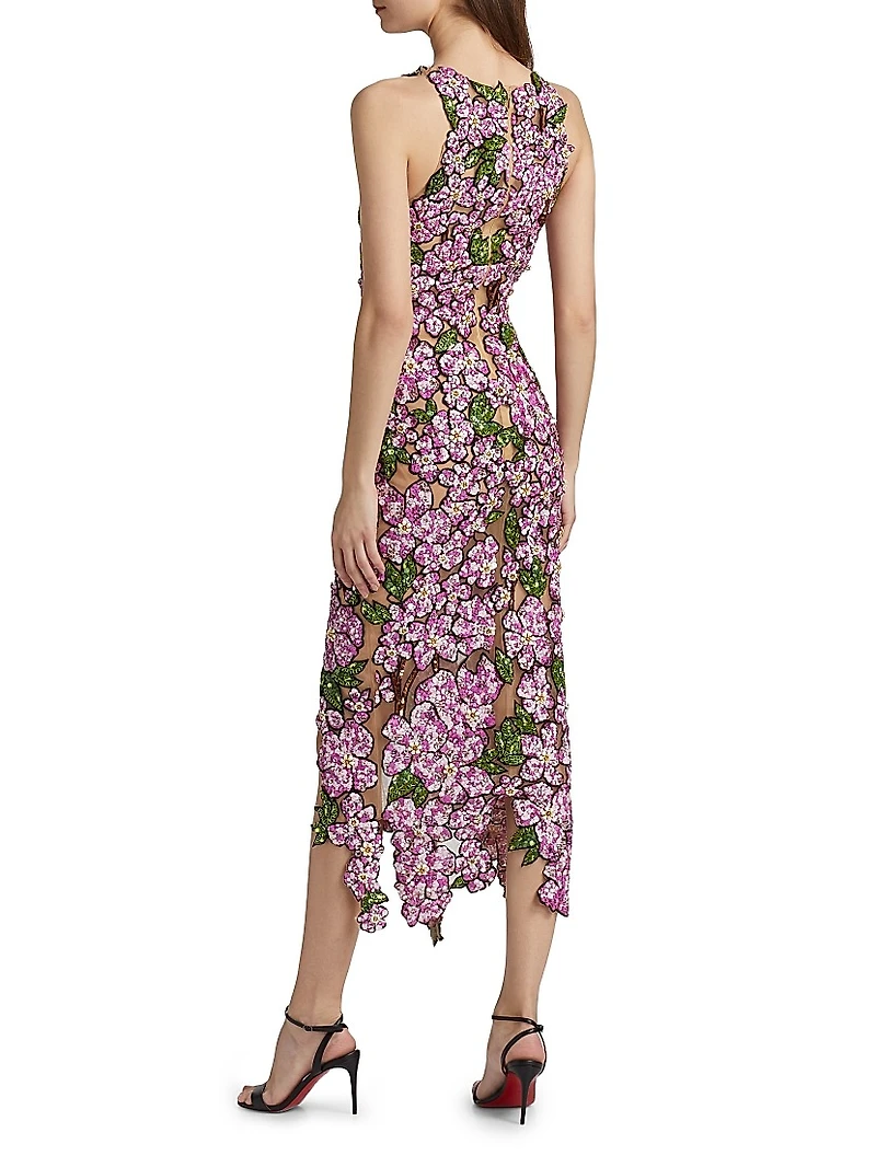 Floral Bead-Embroidered Tulle Cocktail Dress