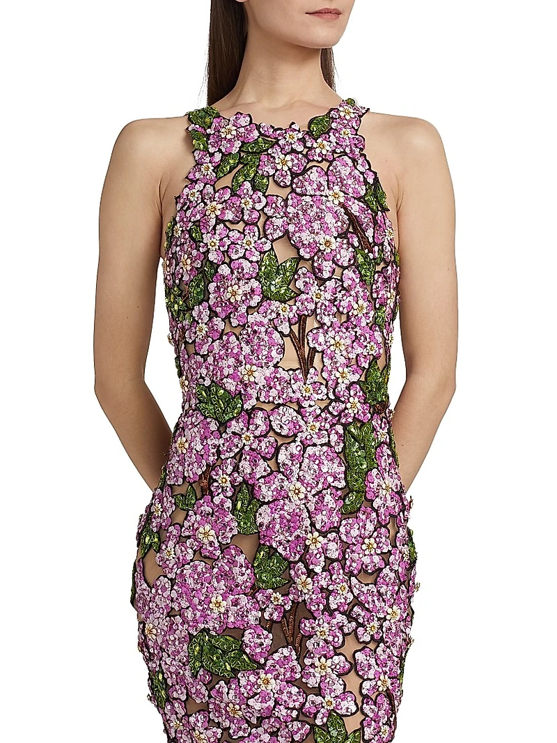 Floral Bead-Embroidered Tulle Cocktail Dress