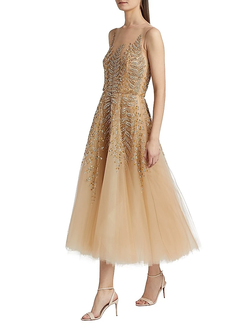 Illusion Fern Embroidered Cocktail Dress