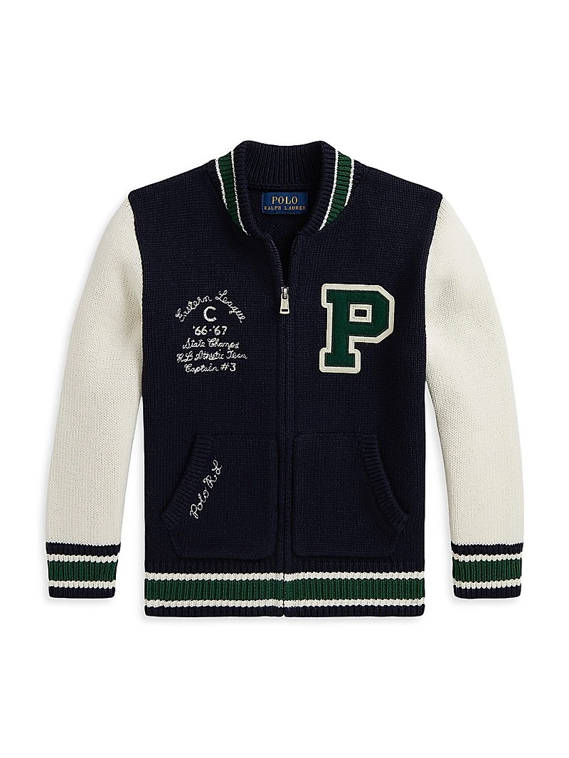 Little Boy's & Cotton Full-Zip Letterman Sweater