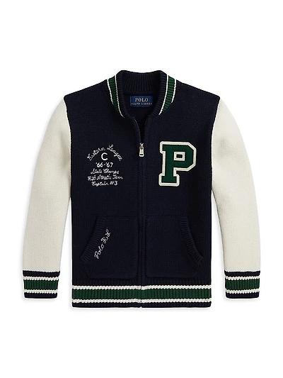 Little Boy's & Cotton Full-Zip Letterman Sweater