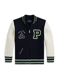 Little Boy's & Cotton Full-Zip Letterman Sweater