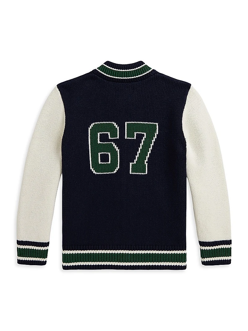 Little Boy's & Cotton Full-Zip Letterman Sweater