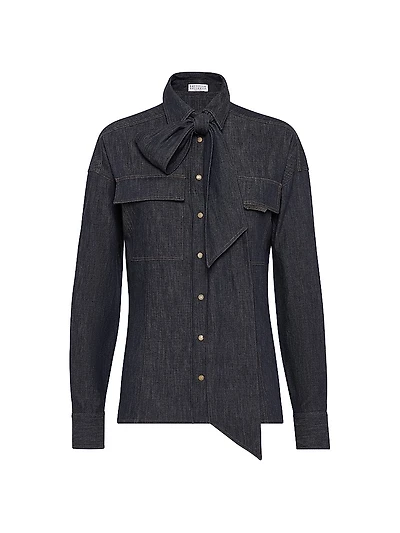 Lightweight No Fade Denim Pussybow Shirt