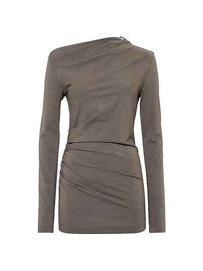 Techno Wool Jersey Long Sleeve Ruched T-Shirt with Shiny Detail