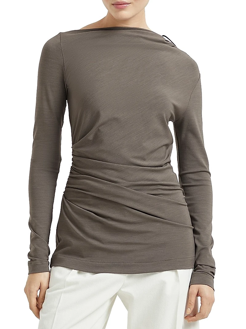 Techno Wool Jersey Long Sleeve Ruched T-Shirt with Shiny Detail