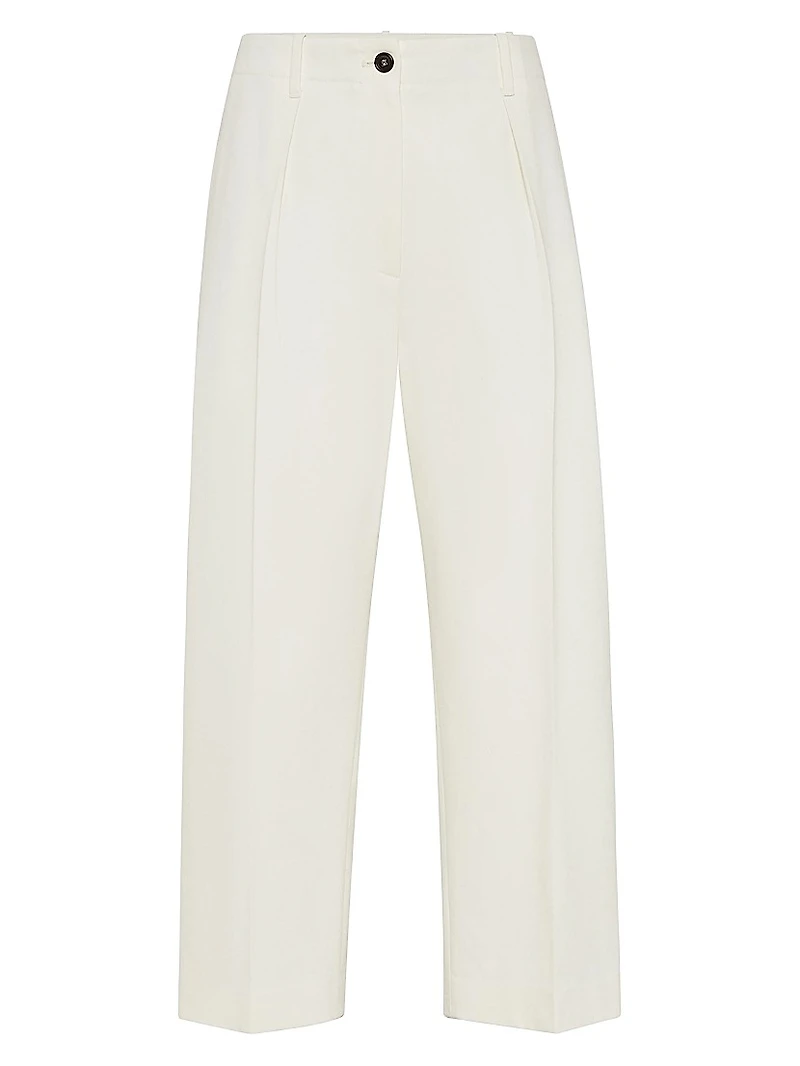 Dyed Cotton and Wool Wrinkled Denim Pleated Chino Trousers