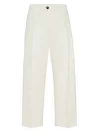 Dyed Cotton and Wool Wrinkled Denim Pleated Chino Trousers