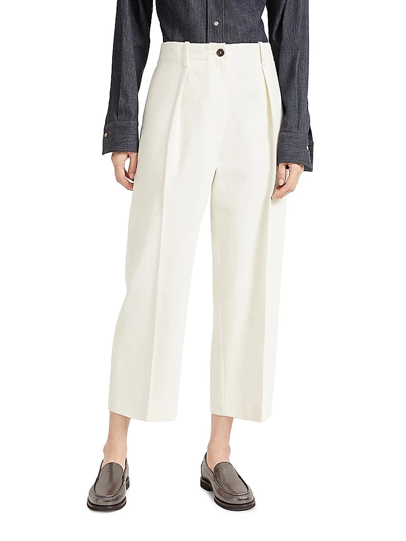 Dyed Cotton and Wool Wrinkled Denim Pleated Chino Trousers
